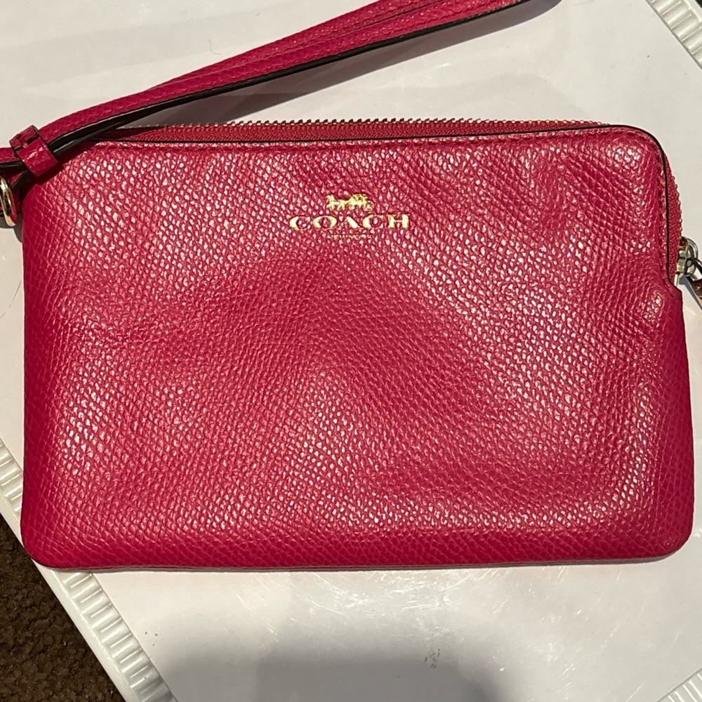 Coach Hot Pink Pebbled Leather Wristlet with Gold Logo